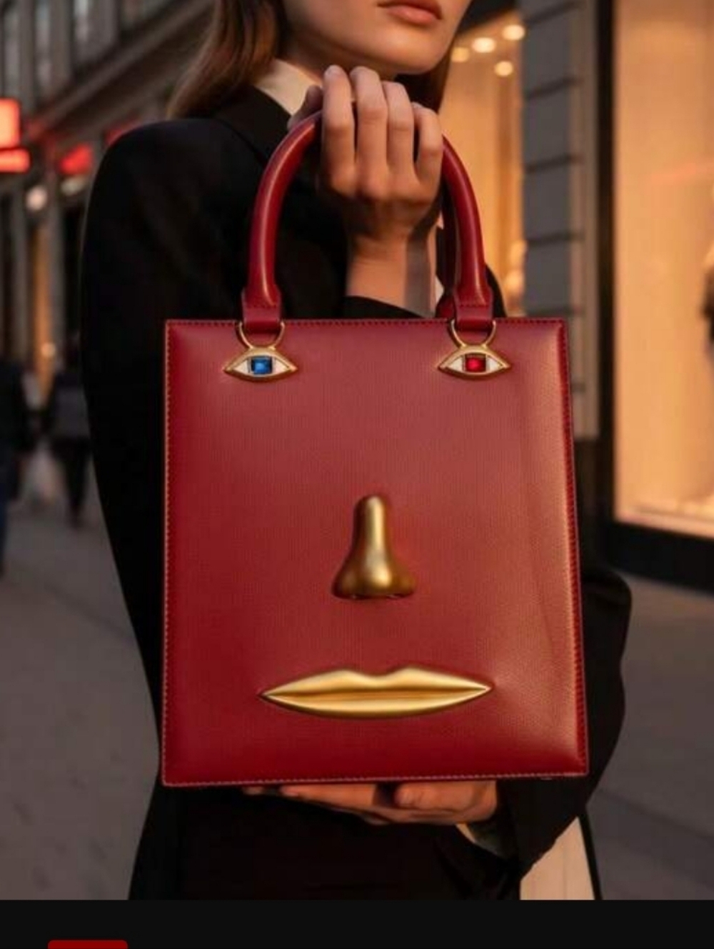 Designer Inspired Burgundy Novelty Face Nose Lip Eyes Detail Tote Bag Brand New